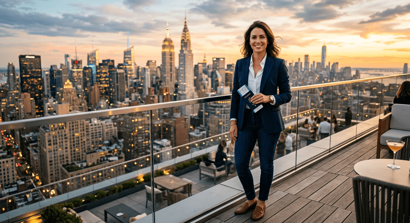Professional woman holding passport on a rooftop with city skyline at sunset