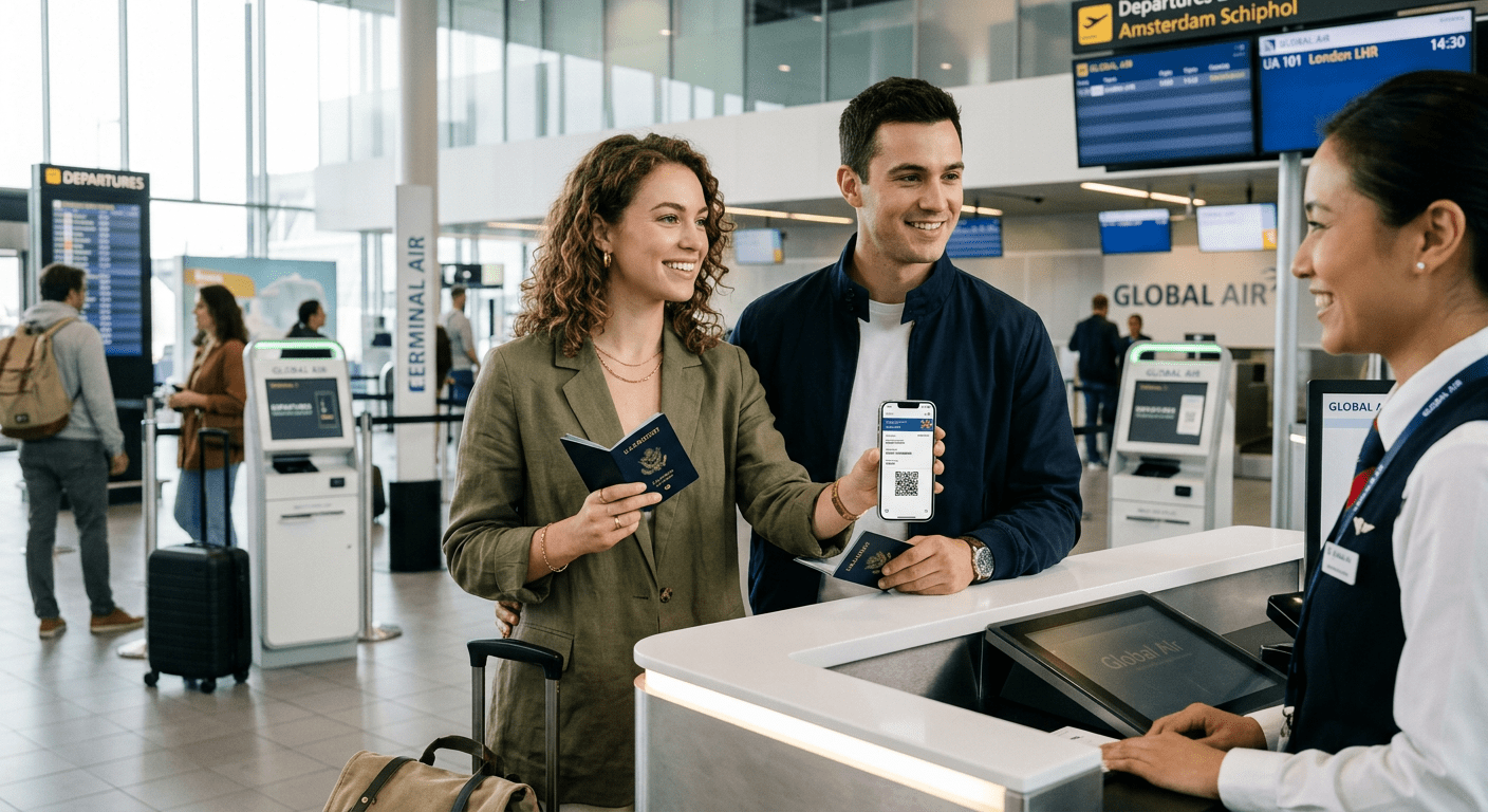Couple at airport check-in counter showing passports and mobile boarding pass to airline staff