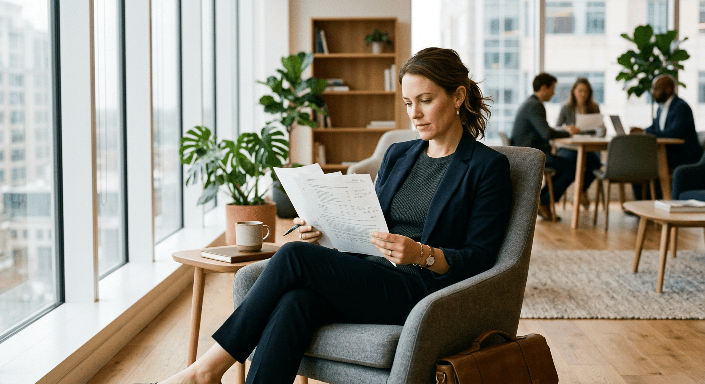 Professional woman reading documents in office.
