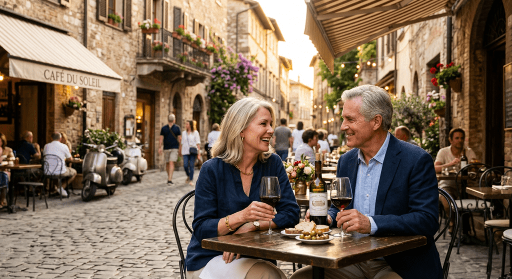 Mature couple enjoying wine at a charming European street café with historic architecture
