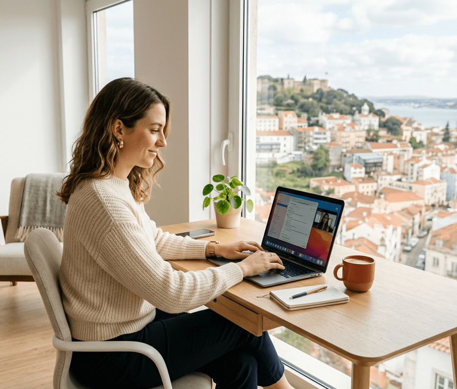 Woman working on laptop from home with European city view through window