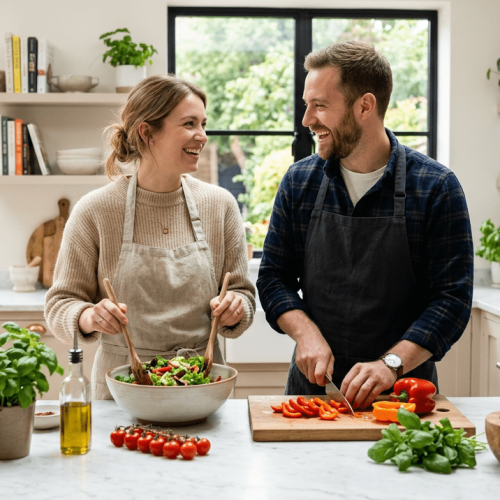 Firefly_Gemini Flash_A happy young American couple cooking together in a bright, modern kitchen with large 983740