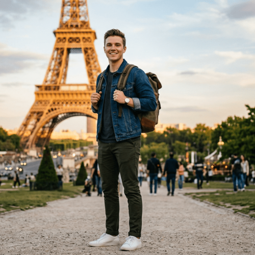Young traveler with backpack in front of Eiffel Tower in Paris